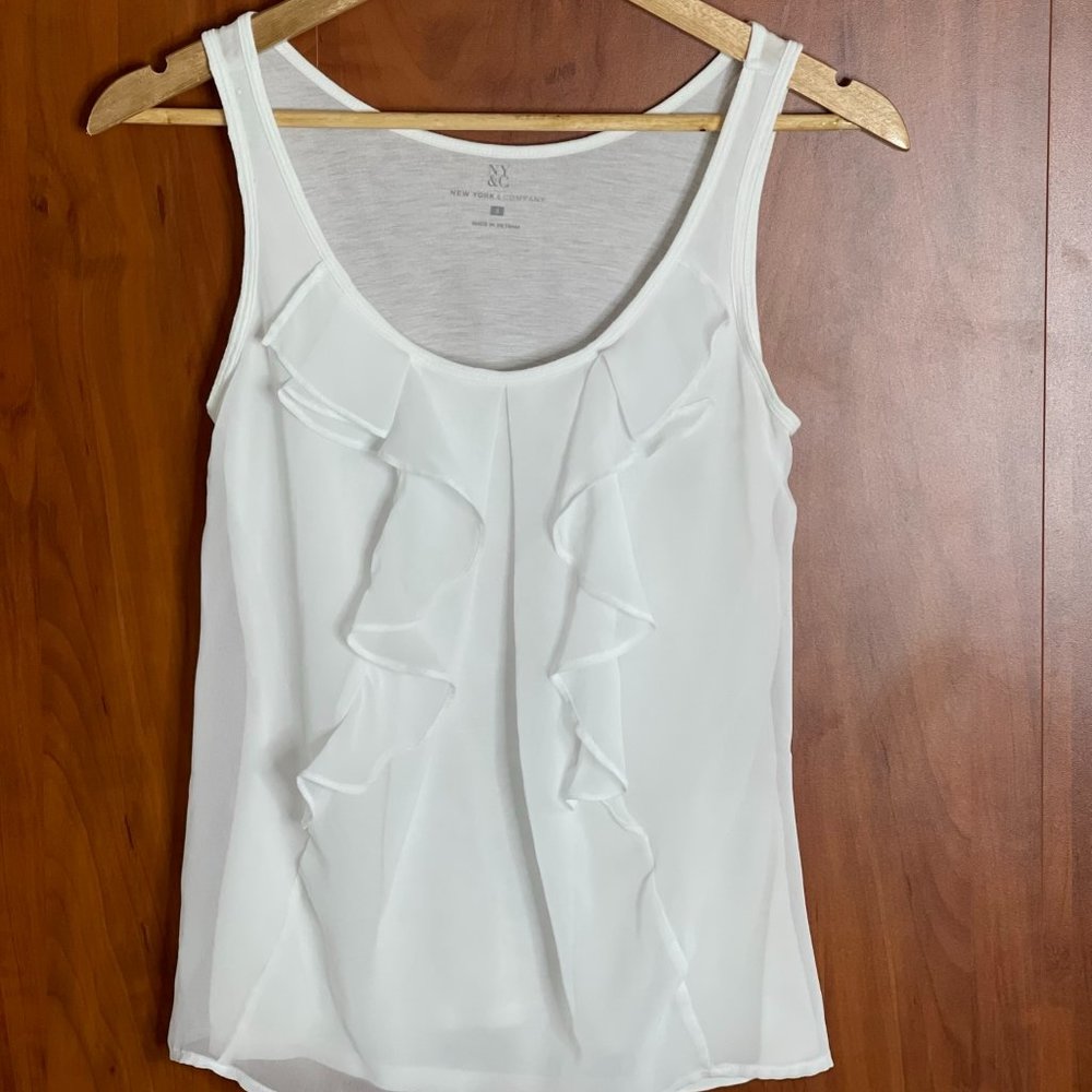 New York & Company White Ruffle Sleeveless Tank Top